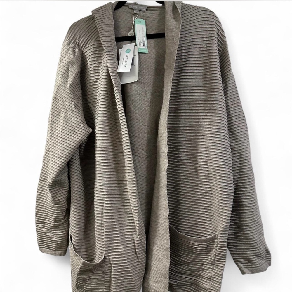 Evolution by Cyrus Ribbed Open Front Cardigan - Taupe 2xl